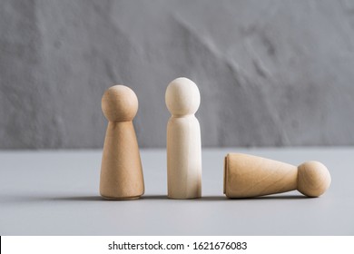 Love Triangle Concept. One Wooden Men And Two Woman. Divorce. Treason. 