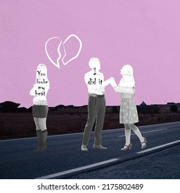 Love Triangle, Intrigue. Silhouettes Of Man And Two Girl In Vintage Retro Style Outfits Isolated On Pink Grey Background. Concept Of Relations, Family, 1960s American Fashion Style And Art.