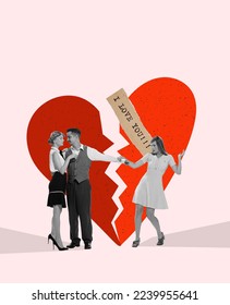 Love triangle and relationship. Couple in love and rival standing over drawn breaking heart. Ideas, art, aspirations, emotions and feelings. Contemporary art collage