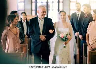 Love, wedding and church bride with father walking in aisle for ceremony with friends, family and parents. Happy, daughter and dad at Christian marriage, commitment and celebration with smile. - Powered by Shutterstock