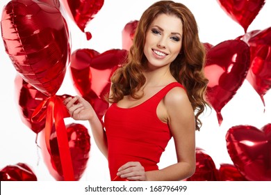 Love Woman Smiling Holding Red Heart Shaped Balloon. 