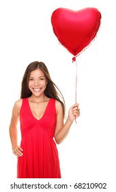 Love Woman Smiling Holding Red Heart Shaped Balloon. Cute Beautiful Young Woman In Love. Asian / Caucasian Female Model In Red Dress Isolated On White Background. For Valentines Day Concepts Etc.