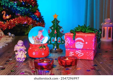 I Love you. Hearts, Red Candles, Love Presents. Christmas Gift Box Next to a Festive Christmas Tree and a Glass Snow Globe with Santa Claus Inside. Perfect Scene for Christmas and New Year Greetings - Powered by Shutterstock