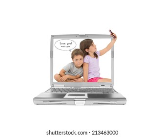 I LOVE YOU! MISS YOU Thought Bubble Siblings On Laptop Computer Screen Boy Looking At Camera Girl Taking Selfie Hand Outside Of Pc Isolated On White Background