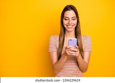 I Love You! Photo Of Funny Pretty Lady Hold Telephone Hands Reading Handsome Guy Sms Love Confession Wear Casual Striped T-shirt Isolated Yellow Color Background