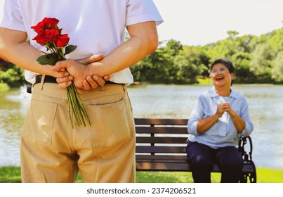 I love you senior asian couple's wedding lasting love anniversary surprise : Elderly husband hides red rose flower behind his back to give to his beloved wife on a park bench looking on in surprise.   - Powered by Shutterstock