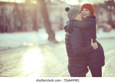 Love Young Couple In Early Spring In The City Walks