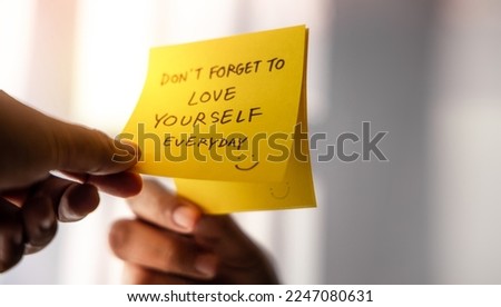 Photo of Love Yourself Concept. Note on the Mirror with Good Quote. Mental Health Remind and Practice to Start the Day with a Positive Mind