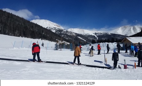 Loveand Ski Area, Colorado - February 23, 2019: Ski Beginners At Bunny Slope