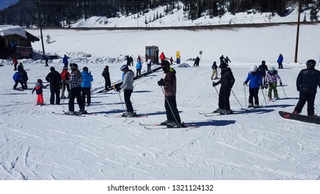 Loveand Ski Area, Colorado - February 23, 2019: Ski Beginners At Bunny Slope