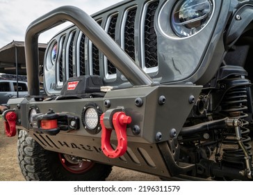 Loveland, CO, USA - August 26, 2022: Front Bumper With Warn Winch And Grille Of Jeep Wrangler Equipped For Serious Off-road Driving.