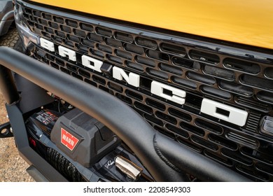 Loveland, CO, USA - August 26, 2022: Grille And Front Bumper Of Ford Bronco Sport SUV With Warn Winch.