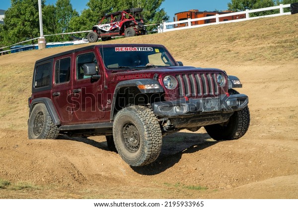 Loveland, CO, USA -\
August 27, 2022: Jeep Wrangler, Rubicon model, on a training drive\
off-road course.