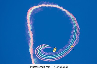 LOVELAND, COLORADO  UNITED STATES - October 17, 2021: The U.S. Navy parachute demo team 'The Leapfrogs' perform at the 2021 Great Colorado Air Show.