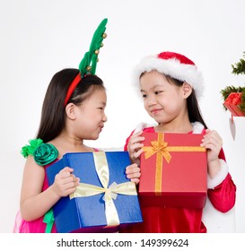 Lovely Asian Girls Holding Christmas Gift Box