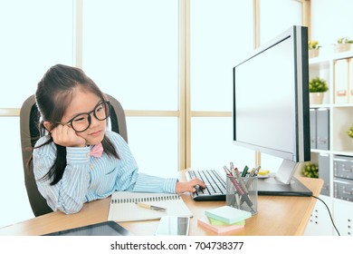 Lovely Beauty Little Girl Children Dress Up As Business Woman Sitting In Office Feeling Boring.