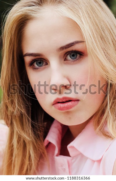 Lovely Blondehaired Blueeyed Teenage Girl Portrait Stock Photo