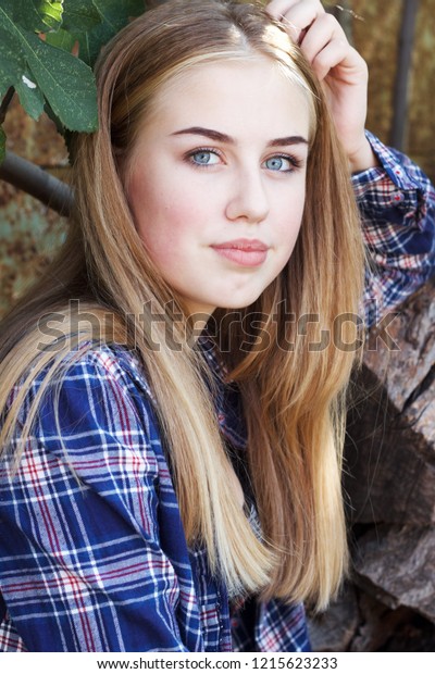 Lovely Blueeyed Blondehaired Teenage Girl Checkered Stock Photo