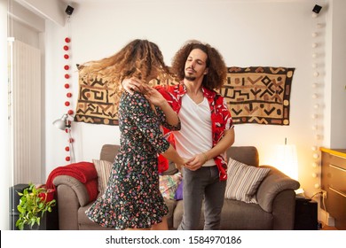 Lovely Couple Having Fun Dancing At Home. 