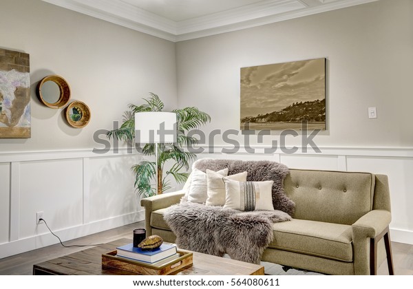 Lovely Craftsman Style Living Room Coffered Royalty Free