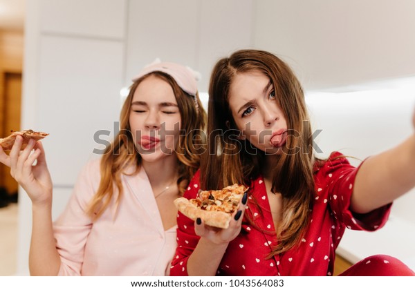 Lovely Curly Girl Pink Eyemask Holding Stock Photo Edit Now
