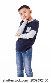 Lovely Cutout Portrait Of Young Healthy Asian Boy On Grey Sweater And Denim Blue Shirt Wisely Standing And Catch Chin As Deeply Consider Opportunity, Think, Imagine Possible Future Solution, Creation