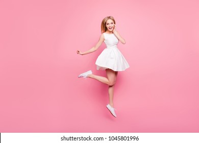 Lovely elegant dancer holiday spring summer celebrate rest relax goal achievement hairstyle trendy stylish amazed people concept. Portrait of cute sweet harming girl jumping up isolated on background