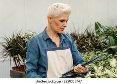 Lovely female with flower in pot and gardening set. Woman watching gardening tutorials. Plant care. Gardening is more than hobby. Planting home plants indoors. Woman reading about her flowers. - Shutterstock ID 2258355747