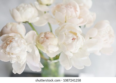 Lovely flowers in glass vase. Beautiful bouquet of white peonies . Floral composition, daylight. Summer wallpaper