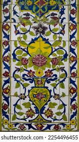 Lovely Flowers in oriental mosque wall. Floral mural pattern with birds. Oriental Flower  in mosque wall with lovely birds and vase. Yerevan, Armenia. - Shutterstock ID 2254496455