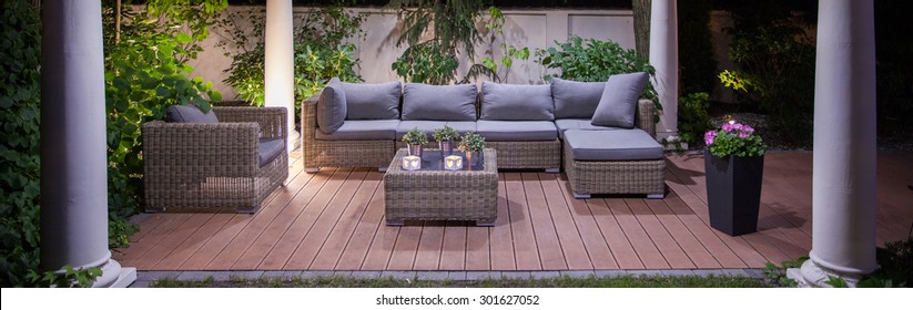 Lovely Garden Patio With Cozy Wicker Furniture