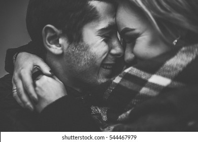 Lovely Happy Couple.romantic Black And White Photo.Hugs Together And Smile 