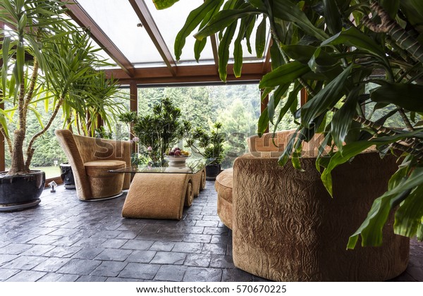Lovely interior garden with comfortable plush\
furniture and lots of\
plants