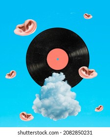 Lovely Music Sound. Contemporary Art Collage Of Vinyl Record And Human Ears Flying Ruound Isolated Over Blue Background. Concept Of Art, Music, Fashion, Party, Creativity. Copy Space For Ad