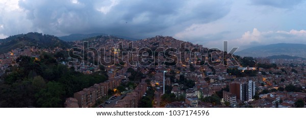 Lovely night skyline of Medellin, Colombia. View of\
mountains and city.