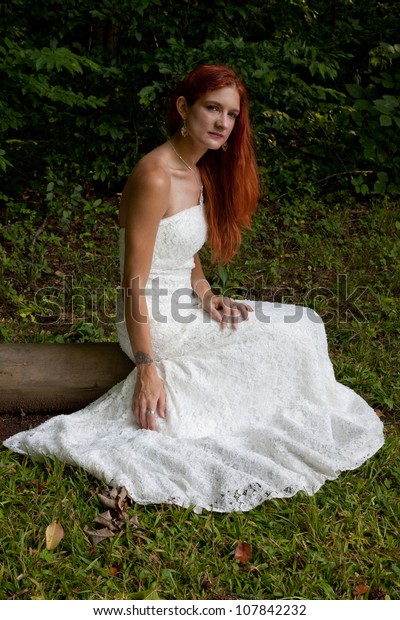 Lovely Redhead Woman White Wedding Dress Stock Photo Edit Now