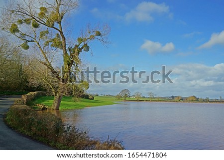 Lovely reflections of blue sky and clouds over the flooded farm land near the River Leadon, Highleadon, near Newent, Gloucestershire, UK