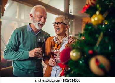 Lovely senior couple celebrating Christmas at home and drinking wine - Powered by Shutterstock