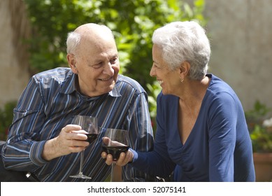 Lovely Senior Couple On A Picnic Toasting With Wine