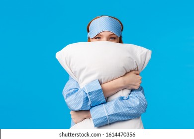 Lovely And Sensual, Tender Cute Redhead Woman In Nightwear, Teen Girl Hugging Pillow And Smiling, Squinting Camera Silly, Like Sleeping Love Bed, Standing Blue Background Delighted