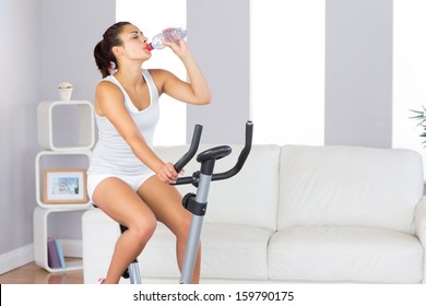 Lovely Slender Woman Drinking While Training On An Exercise Bike In Her Living Room At Home