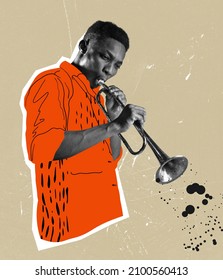 Lovely sounds. Creatie retro design. Contemporary art collage of young stylish man playing trumpet isolated over gray background. Concept of music lifestyle, creativity, inspiration, imagination, ad
