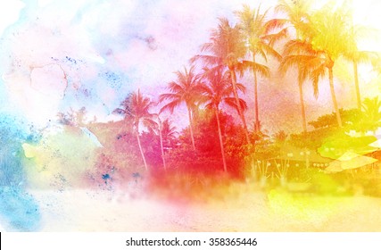 Lovely Watercolor Retro Palm Island
