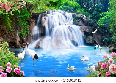 Lovely waterfall, Fantastic birds, Trees and roses with sea