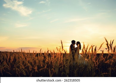lovely wedding couple in sunset