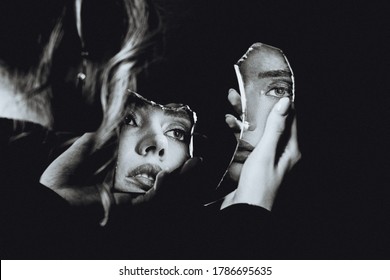 Lovely Woman Looking At Broken Self-image Mirror, Black And White Retro Portrait