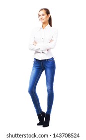 Lovely Woman In White Shirt And Blue Jeans, Isolated On White Background