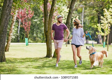 Lovely young couple running in the park with their dog during summer