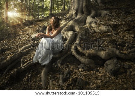 Lovely young lady wearing elegant white dress enjoying the beams of celestial light on her face sitting on the mighty roots of an ancient tree in enchanted woods