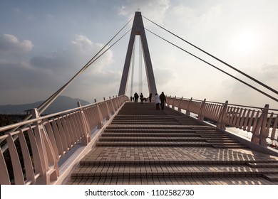 The Lover's Bridge, Tamsui District, New Taipei City, Taiwan. Fisherman's Wharf, Famous Bridge Where Couples Come To View The Sunset. Wide Angle Perspective Looking Up, Romantic Location